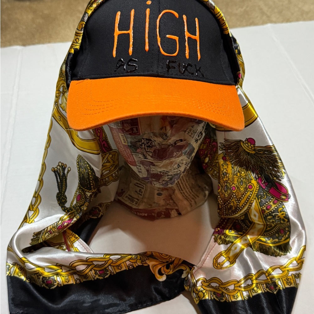 Black and Orange Cap with Graphic Text "High AF" with scarf